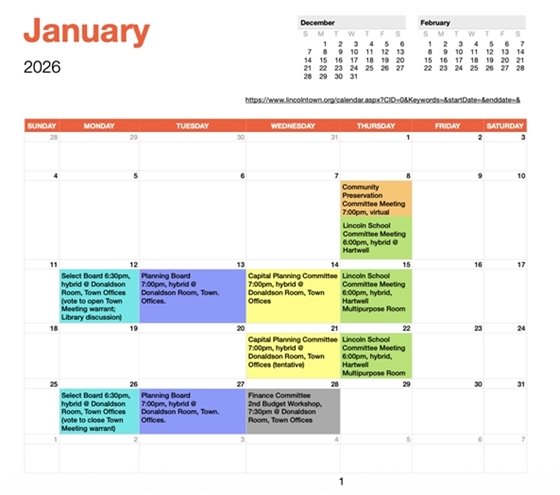 Calendar of meetings leading up to Town Meeting.